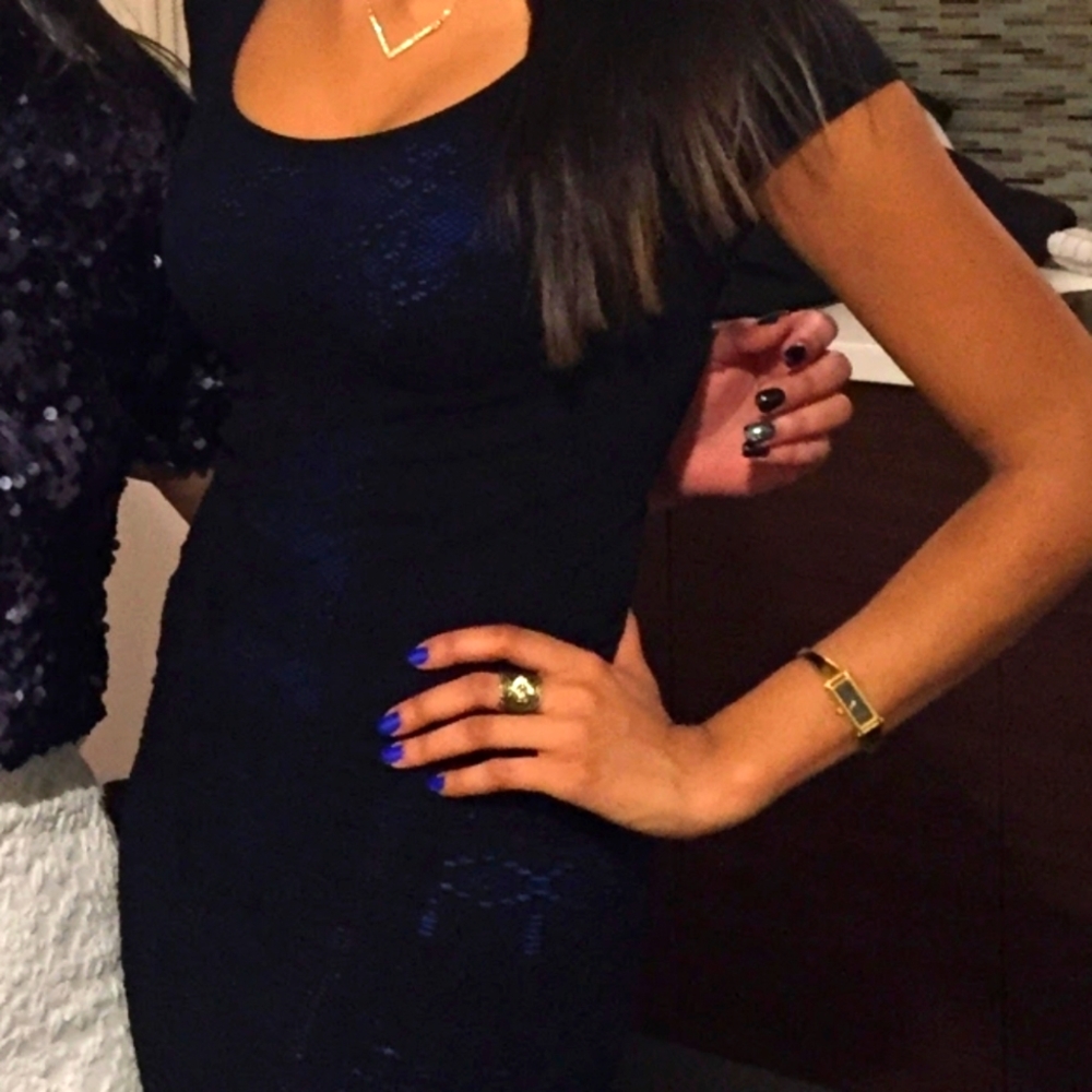Small- black mini dress (fitted) with royal blue underlayer.  Bodycon fit